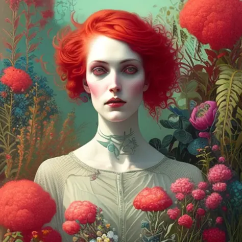 portrait of Victorian 80s punk woman with red hair, splash of pastel colors, plants and flowers,Tom bagshaw
