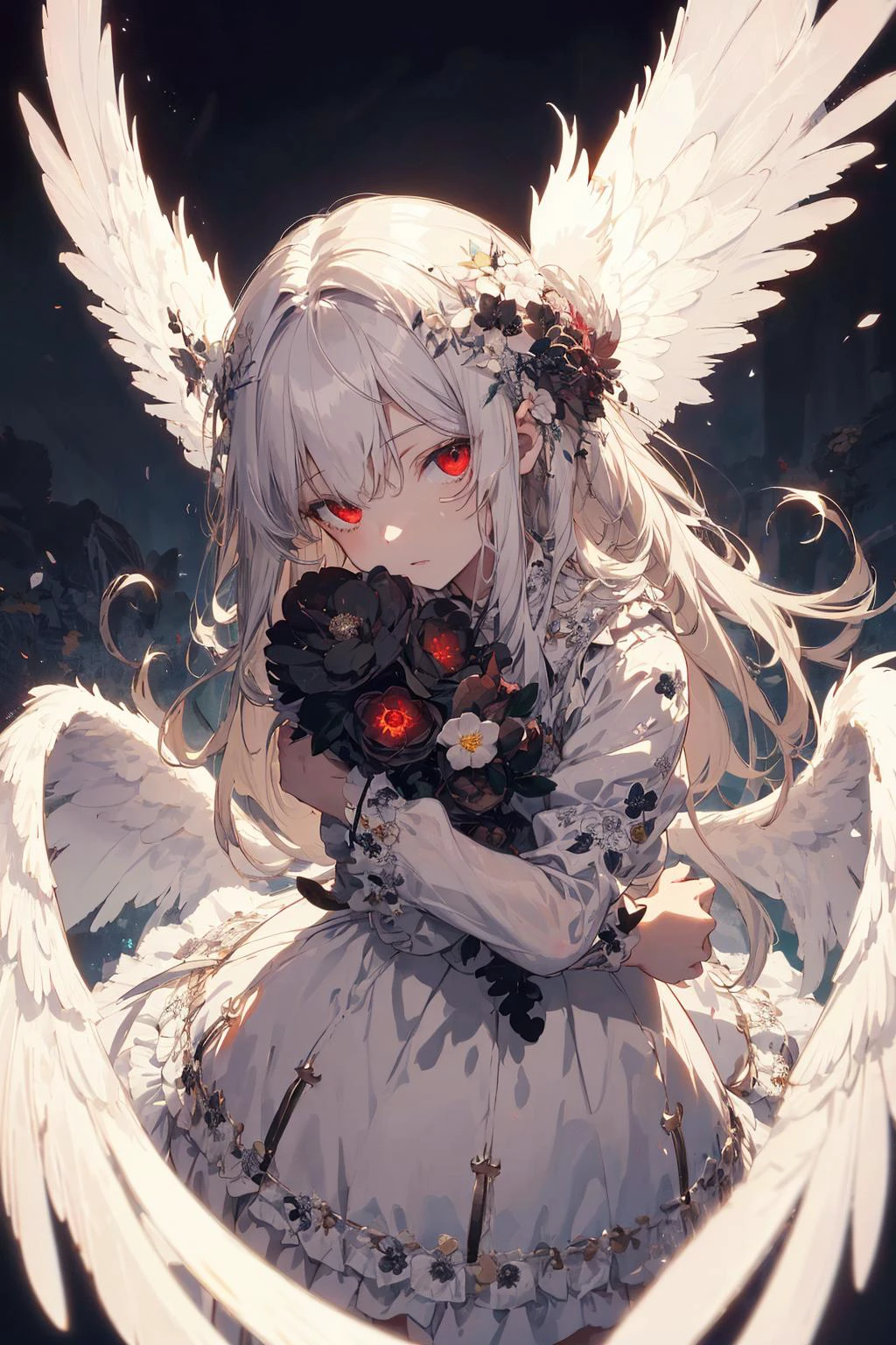 (masterpiece, absurd quality, best quality, official art, beautiful and aesthetic:1.2), (1 small girl:1.4), extreme detailed, (fractal art:1.3), colorful, highest detailed, vivid color, from above, 
angel, albino, babyface, hugging the skull, 
dark light, fluffy white frilly dress, white lace-up short boots, fluffy angel wings, pure white long hair,  beautiful detailed red eyes, glaring at viewer, lots of skulls,