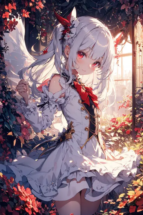 beautiful illustration, best quality, cute petit girl, (transform sequence), transform magical girl, chibi, white magical girl, fractal art, albino, babyface, long pure white and red mesh hair, beautiful detailed red eyes, cinematic lighting, cowboy shot, looking at viewer, from bottom, happy