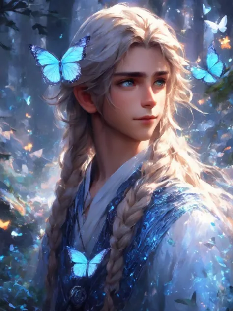 a boy with long hair and a braid in a forest with butterflies flying around, prince, deviantart artstation, a detailed painting,...