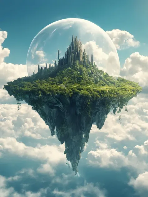 a futuristic floating island in the sky, no humans, matte painting concept art, a detailed matte painting, fantasy art, clean ba...
