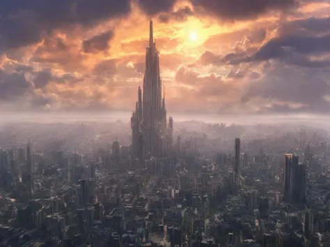 a city with a tower and a cloudy sky above it, with a sun setting in the distance, matte painting, a detailed matte painting, fantastic realism, clean background