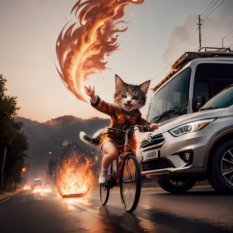 photography of happy tiny kitten on bicycle, printed dress, jumping above cars, humans fleeing,
happy smile, open mouth, worldof...