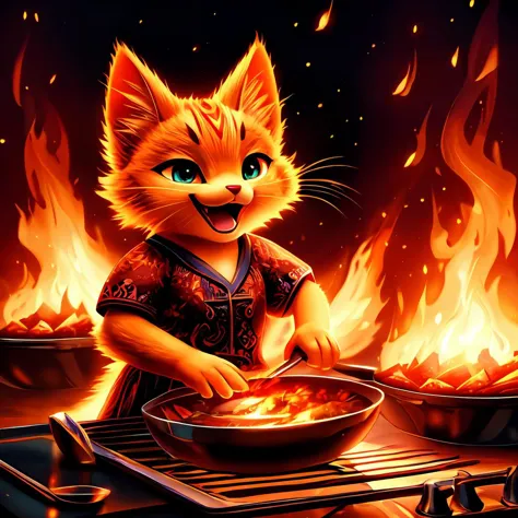 flames are burning behind a cat cooking food on a grill