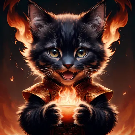 photography of kitten in chinese costume,
happy smile, open mouth, worldoffire, fire, flickering flames,
(masterpiece:1.2), (best quality:1.2), (intricate:1.2), (highly detailed:1.2), (sharp:1.2), (8k:1.2), (realistic:1.2), (photographic:1.2),
cinematic light, vivid colors
 