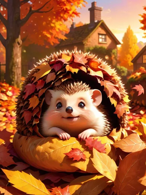 A heartwarming scene of a round, soft hedgehog curled up in a colorful pile of autumn leaves, its tiny nose peeking out, with a backdrop of a gently setting sun.