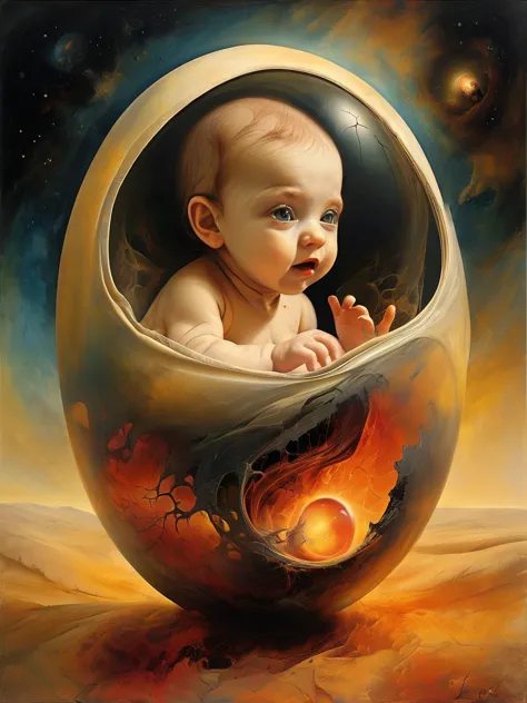 painting of a baby in a space pod with a planet in the background