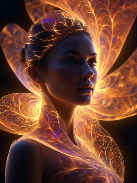 woman with glowing translucent fractal skin, full body, swirling organic patterns, vibrant, ultra hd, vivid colors, perfect comp...