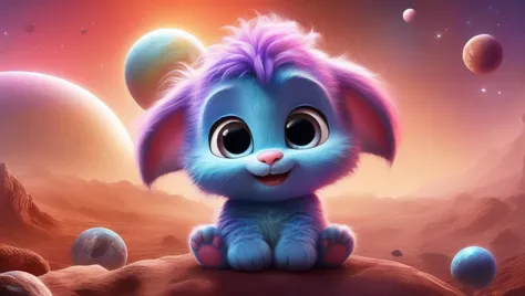 (realistic:1.3), realism, photo realistic, fluffy, cute and adorable, cute , cinematic smooth, intricate detail, cinematic, space, RGB rainbow colors, Creature, solar system, planets, space creature, fantasy, pet, enchanting, precious, loveable, funny, stars, nebula, bifrost, animal, SpaceShip, dopy, goofy, huge eyes, (wet:1.4), (hell scape background:1.3),  