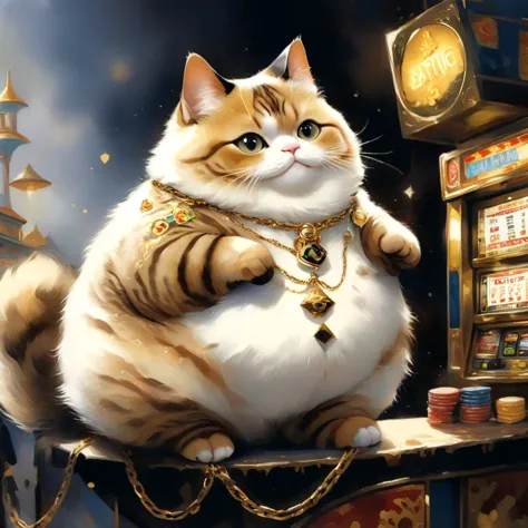 pintura profissional ultra detalhada de um gato gordo por Alayna Lemmer. O gato está usando uma corrente de ouro no pescoço. Há um cassino ao fundo.  