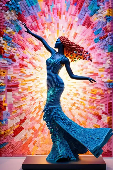 etéreo fantasy concept art of  An extraordinary artistic achievement where the creative manipulation of thousands of LEGO bricks forms an elegant representation of a dancing woman. Esta notável escultura é uma prova da engenhosidade do artista e da versatilidade do LEGO como meio para criar formas expressivas e cativantes.. (Criação Expressiva:1.4), (Escultura Dançante:1.3), (Maestria LEGO:1.2), (Encantamento visual:1.2), inspirado em Ekow Nimako e Sean Kenney, céu da galáxia, Mármore Elegante, sonho pastel, Paraíso Tropical, luzes de neon, 
 MahabharataPunkAI, Exposição longa, Guia Cármico, (obra de arte,melhor qualidade:1.5) . Magnífico, celestial, etéreo, pictórico, épico, majestoso, mágico, arte de fantasia, Arte de capa, sonhadores