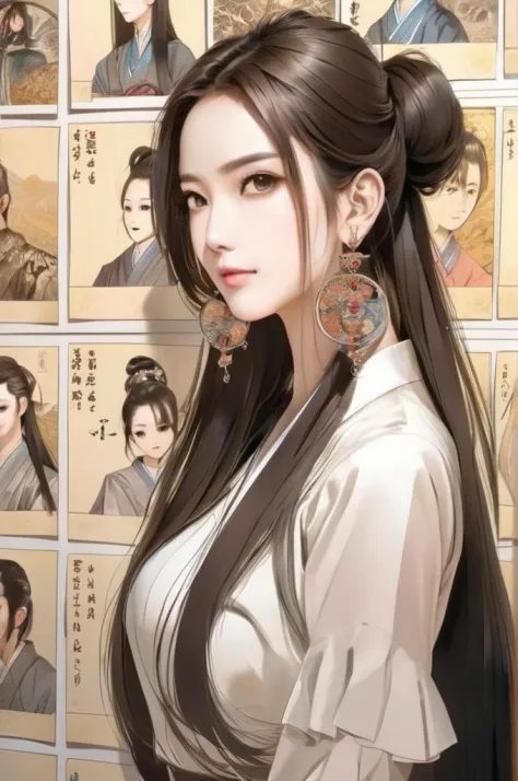 a woman with long hair and earrings standing in front of a wall covered with papers and photos of people, Fan Qi, anime art, a d...