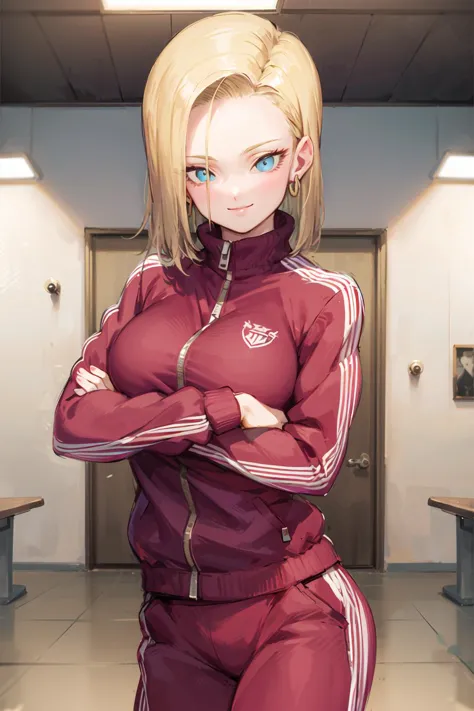Potrait of beautiful Android18DB, solo, earrings, jewelry, looking_at_viewer, jacket, smile, breasts, pants, track_jacket, track...