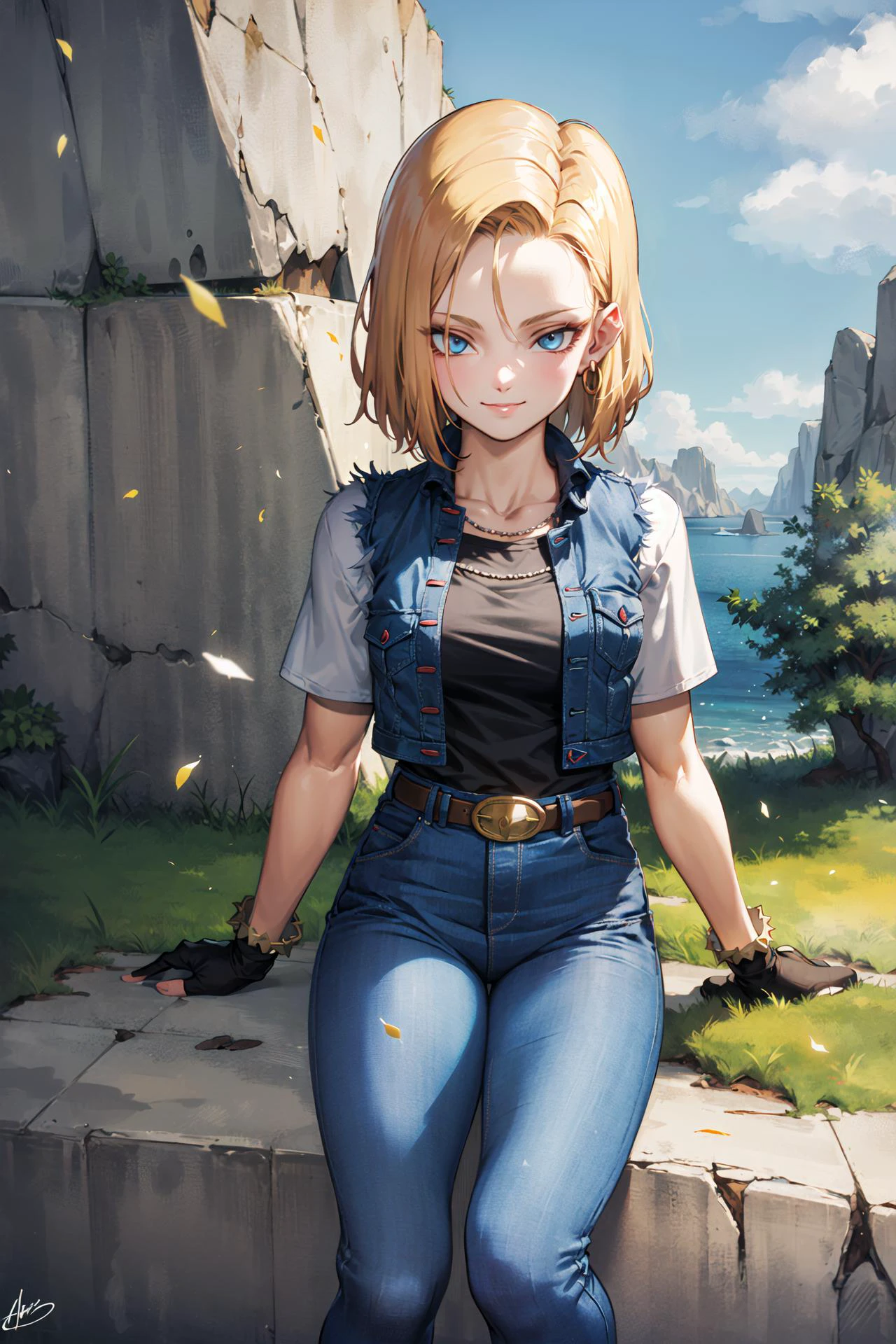 Obra de arte, melhor qualidade, ultra-detalhado, absurdos, Retrato do lindo Android18DB, Sozinho, brincos, joia, jeans, Sorriso, cinto, vest, nuvem, Céu, dia, calça, ao ar livre, luvas, colar, jeans, pedra, sentado, sentado_sobre_pedra, iluminação volumétrica, melhor qualidade, Obra de arte, Detalhes intrincados, tsobreemapping, foco nitído, hiper detalhado, trending sobre Artstatisobre, 