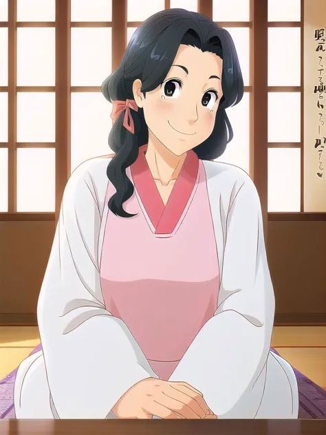 Handa Emi, human milf, mature female, anime style, black hair, black eyes, pink kimono, white kappougi, pink scrunchie, hair scrunchie, hair over shoulder, long hair, smile, japanese house interior, looking at viewer, sitting, seiza, coffee table <lora:Handa Emi1687490509505015052:0.8>