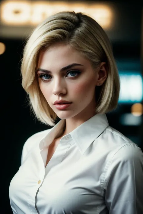 photo of (summrstr0m-135:0.99), a beautiful woman, perfect short blonde hair, (modern photo, Police Blue button shirt1.1), 85mm,...