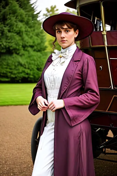 woman in a purple coat and hat standing next to a horse drawn carriage