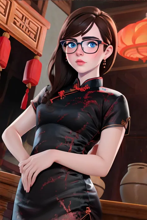 <lora:gothiccheongsamdress-freckledvixon:0.6>, ch30ngs4m, short sleeves, black dress, chinese dress, side slit, <lora:bzl:0.8>, bzl_test, brown hair, (grey|blue) eyes, glasses, (freckles:0.3), <clip:skip:2> || skin, hair, clothing, masterpiece, 8k, high resolution, shallow depth of field, sharp focus