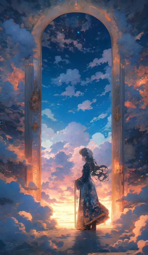 a woman standing in front of a doorway with a sky background