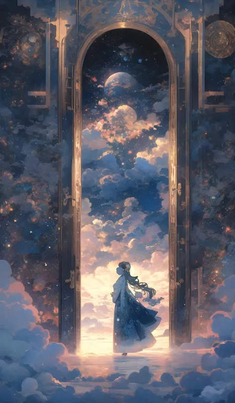 a woman standing in the doorway of a castle with a sky background