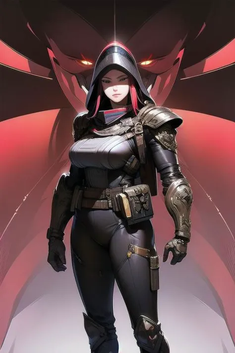 illustration, full body,
warrior in heavy black armor with gas mask and red visor, massive figure,
holding a machine gun,
futuri...
