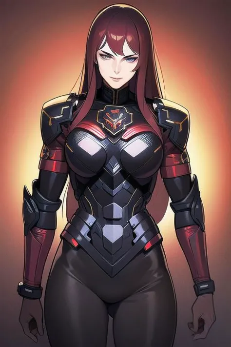 a woman in a black suit with red hair and armor