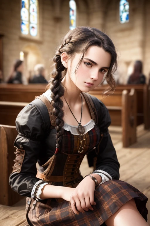 young , teenage, , (from_below:1.3) (sitting:1.2), (hand_on_hip:1.2), black_hair,braid, steampunk, black, plaid , leather, intricate dress, (female focus:1.3), church, holding pendant, jewelry, (full_body:1.4), (((realistic))), (sharp focus:1.4), masterpiece, high quality, realistic lighting, center of frame,  8k, hdr