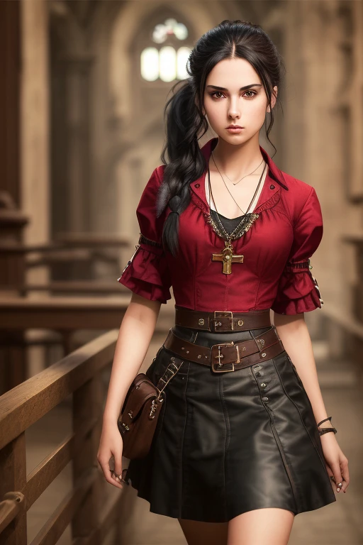 young , teenage, girl, (from_side:1.3) (crossed_ankles:1.2), (hand_on_hip:1.2), black_hair,ponytail, steampunk, red, fabric , leather, intricate skirt, (female focus:1.3), church, holding pendant, jewelry, (full_body:1.4), (((realistic))), (sharp focus:1.4), masterpiece, high quality, realistic lighting, center of frame,  8k, hdr