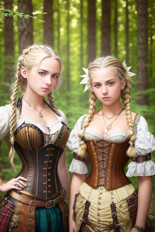 teen , young, , (from_above:1.3) (on_stomach:1.2), (hand_on_hip:1.2), blonde_hair,twin_braids, steampunk, brown, fabric, intricate corset, (female focus:1.3), forest, holding pendant, jewelry, (full_body:1.4), (((realistic))), (sharp focus:1.4), masterpiece, high quality, realistic lighting, center of frame,  8k, hdr