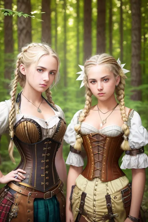 teen , young, , (from_above:1.3) (on_stomach:1.2), (hand_on_hip:1.2), blonde_hair,twin_braids, steampunk, brown, fabric, intricate corset, (female focus:1.3), forest, holding pendant, jewelry, (full_body:1.4), (((realistic))), (sharp focus:1.4), masterpiec...