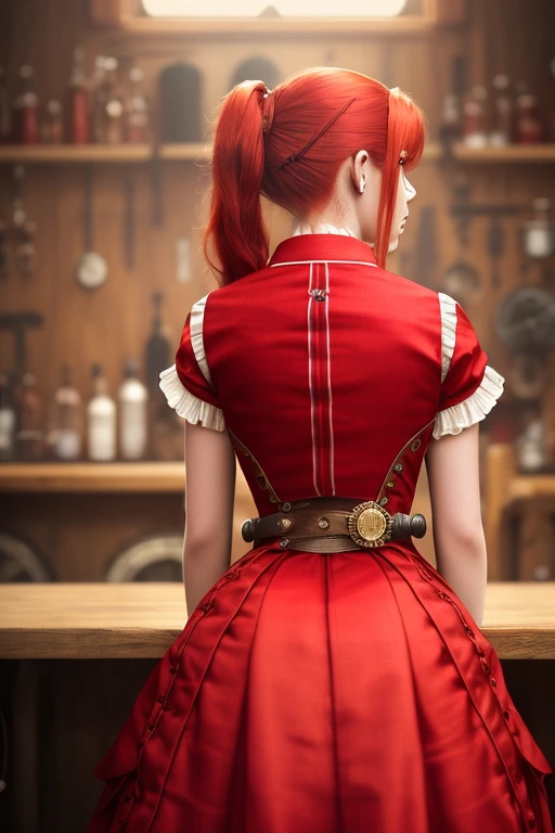 teen, , (from_behind:1.3) (sitting:1.2), (girl:1.2), red_hair,side_ponytail, steampunk, red, fabric, intricate dress, (female focus:1.3), laboratory, holding pendant, jewelry, (full_body:1.4), (((realistic))), (sharp focus:1.4), masterpiece, high quality, realistic lighting, center of frame,  8k, hdr