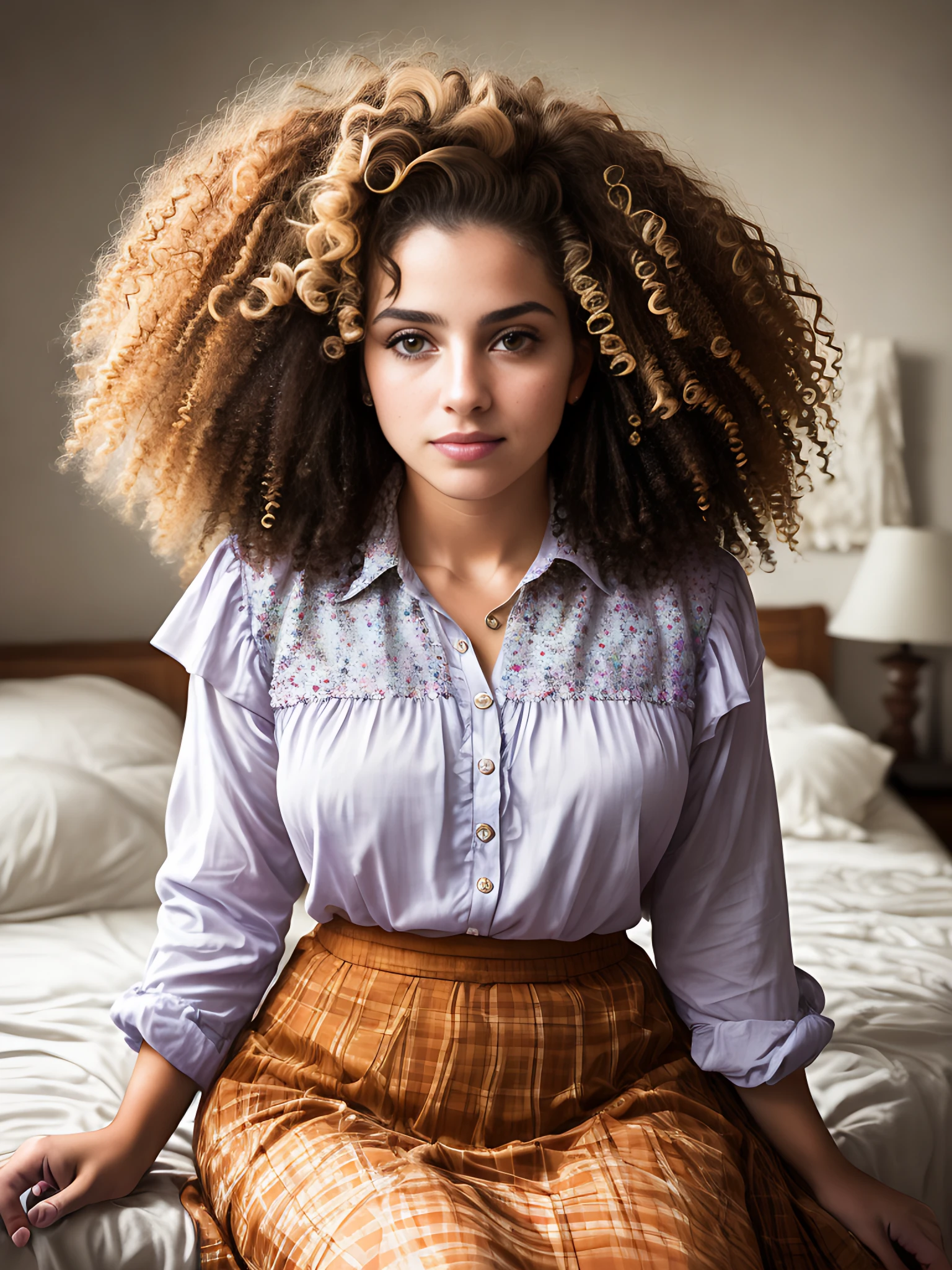 award winning RAW color photo of woman with curly hair, wearing a skirt and blouse, detailed seductive alluring eyes, in a modern bedroom, shiny skin, shallow depth of field, high contrast, backlighting, bloom, light sparkles, chromatic aberration, smooth, sharp focus, taken on a mirrorless camera 