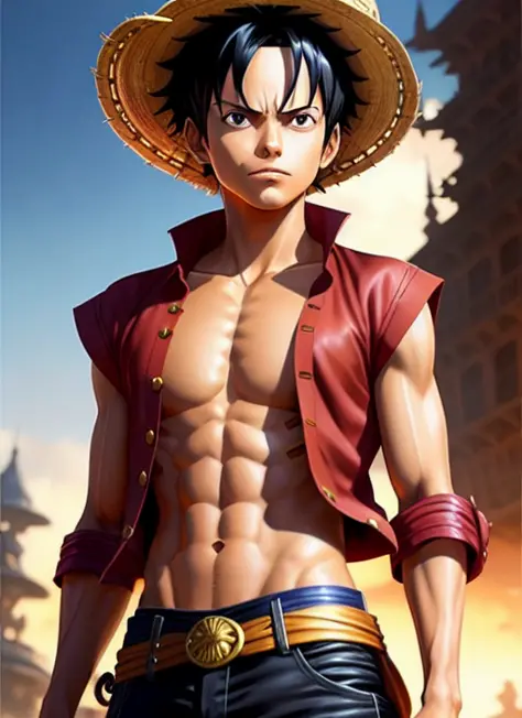 fantasy style waist shot portrait of Luffy from One Piece, highly detailed, photorealism, digital painting, artstation, concept art, sharp focus, illustration, best quality, 4k, art by artgerm and greg rutkowski and alphonse mucha