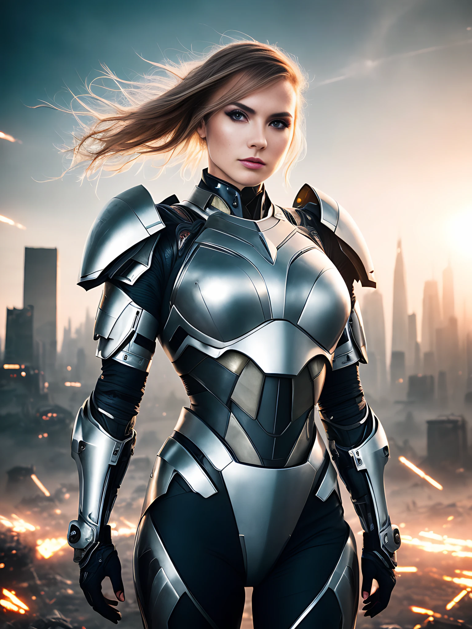 estilo de sesión de modelo, foto premiada de una hermosa mujer cyborg, vistiendo una armadura futurista de titanio, ciudad futurista destruida en el fondo, alto contraste, iluminación suave, contraluz, Floración, destellos de luz, aberración cromática, enfoque nítido