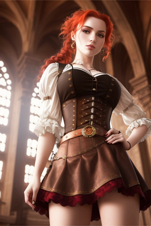 girl, girl, (from_below:1.3) (lying:1.2), (hand_on_hip:1.2), red_hair,ponytail, steampunk, brown, lace_trim, intricate skirt, (female focus:1.3), church, holding pendant, jewelry, (full_body:1.4), (((realistic))), (sharp focus:1.4), masterpiece, high quality, realistic lighting, center of frame,  8k, hdr