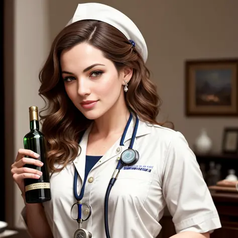 full shot body photo of the kelly brook most beautiful artwork in the world featuring ww2 nurse holding a liquor bottle sitting on a desk nearby, smiling, freckles, white outfit, nostalgia, sexy, stethoscope, heart professional majestic oil painting by Ed ...
