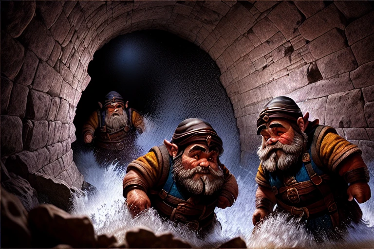 dramatic action shot of (two terrified dwarves:1.3) (running through a very narrow pitch black underground mining tunnel:1.2), (with water rushing from the walls:1.3), 15mm, tilted horizon, shot from below, highly detailed, fantasy digital painting, darkness, (fear, panic:1.1)