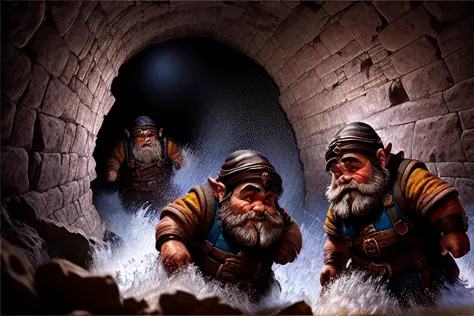 dramatic action shot of (two terrified dwarves:1.3) (running through a very narrow pitch black underground mining tunnel:1.2), (...