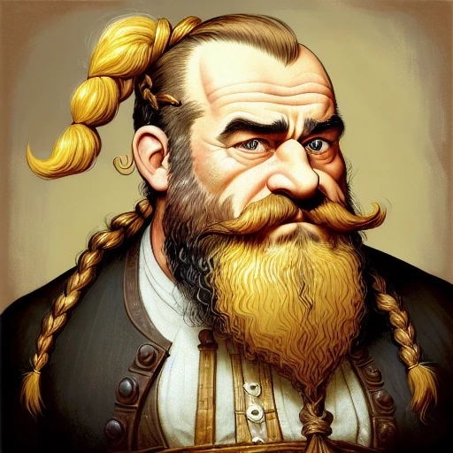 (closeup portrait:1.0) of a (male dwarf:1.1) that is fond of drink and industry, short and flimsy, (fat and quick to tire:1.1), (long crinkly hair tied in a pony tail:1.2), long (braided beard:1.3), (long neatly combed sideburns:1.2), neatly combed medium-length moustache, (golden hair color:1.2), highly detailed, fantasy digital painting