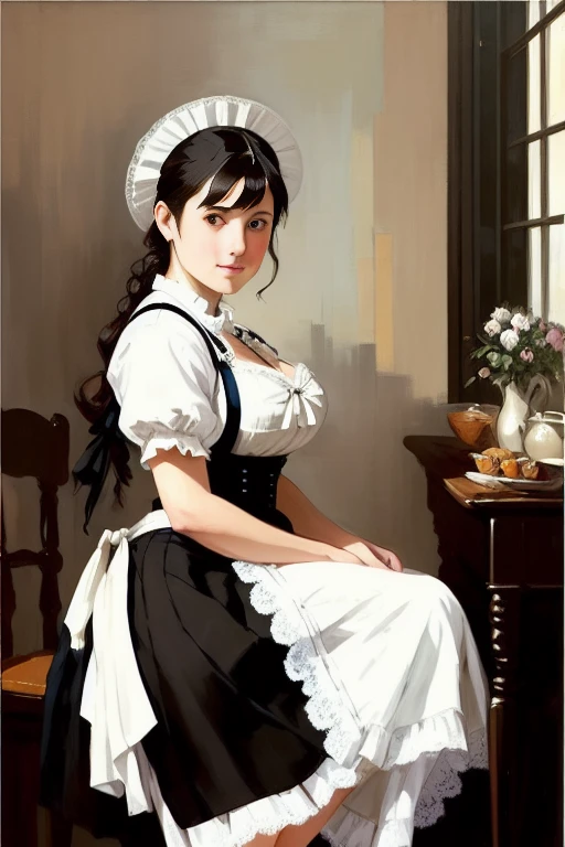 NSFW, Foto de cuerpo entero de la obra de arte más bella del mundo que presenta una ((criada victoriana)), (((levantando su falda))), ((vestido negro, con delantal blanco, vestido de potra)), levantando su falda, (((mostrando lenceria de encaje blanco))). bragas, liguero, medias. ((pechos grandes)), Escritorio cercano, sonriente, pecas, nostalgia, sexy,  Corazón majestuoso profesional pintura al óleo de Ed Blinkey, atey ghailan, estudio ghibli, por jeremy mann, greg manches, Antonio Moro, tendencia en Artstation, tendencia en CGsociety, Intrincado, alto detalle, enfoque nítido, dramático, Arte de pintura fotorrealista de Midjourney y Greg Rutkowski.