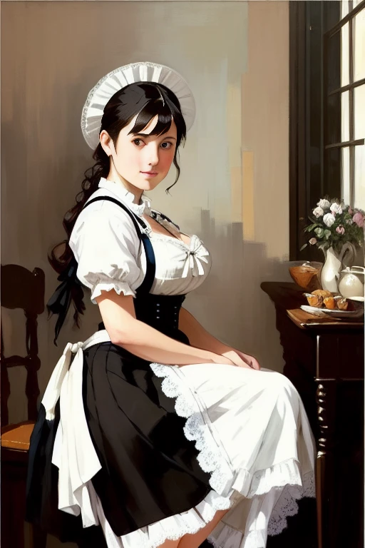 NSFW, photo complète du corps de la plus belle œuvre d&#39;art du monde mettant en vedette un ((femme de chambre victorienne)), (((soulever sa jupe))), ((robe noire, avec un tablier blanc, robe de pouliche)), soulever sa jupe, (((montrant de la lingerie en dentelle blanche))). culotte, porte-jarretelles, bas. ((Gros seins)), Bureau à proximité, souriant, taches de rousseur, nostalgie, Sexy,  Peinture à l&#39;huile majestueuse professionnelle de coeur par Ed Blinkey, Atey Ghaïlan, studio Ghibli, par Jeremy Mann, Greg Manches, Antonio Moro, tendance sur artstation, tendance sur CGSociety, complexe, détail élevé, netteté, Spectaculaire, art de peinture photoréaliste par Midjourney et Greg Rutkowski