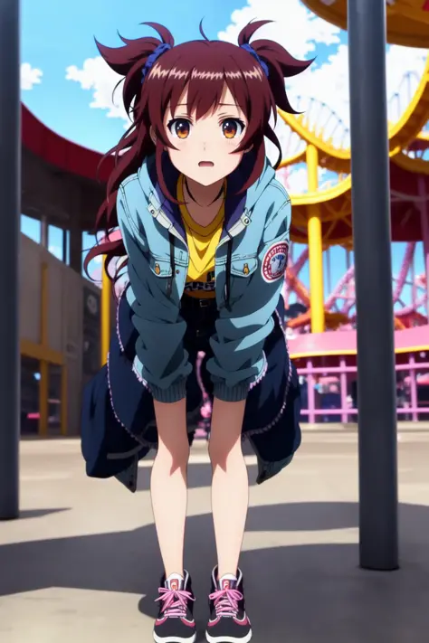 SFW, 1girl, solo focus, full body, From Below, Looking At Viewer, Anxious, Crying with eyes open, Outstretched Arms, squatting, Amusement Park, Denim Jacket with open front, Cerberus Tail, 1Girl, Mature female, Adult,, cel shading, anime coloring, (anime s...