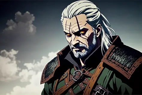 witcher, (style of darkest dungeon:1.1), hyperrealism, ethereal, cel shading, anime coloring, (anime screencap:1.2),  (highly detailed,masterpiece, best quality:1.1),