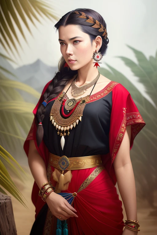 modelshoot style (from_top:1.3), red tribal clothing, cloudy_sky, braid, brown_eyes, brown_hair, earrings, (feather hair ornament), leaf, looking_at_viewer, necklace, palm_tree, pelvic_curtain, very_long_hair, wristband, 8k, high detail, high resolution,intricate detail, sharp focus, joyful, majestic oil painting by Mikhail Vrubel, Atey Ghailan, by Jeremy Mann, Greg Manchess, WLOP, Charlie Bowater, trending on ArtStation, trending on CGSociety, Intricate, High Detail, Sharp focus, dramatic, photorealistic, black background, epic volumetric lighting, fine details, illustration, (masterpiece, best quality, highres)