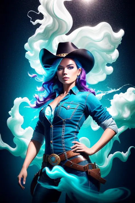 cowgirl modelshoot style, (extremely detailed CG unity 8k wallpaper), Chaotic storm of liquid smoke in the head, stylized beauty...