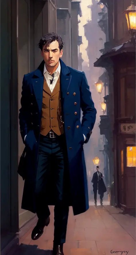 handsome man,overcoat,Steampunk,by Ed Blinkey, Atey Ghailan, Studio Ghibli, by Jeremy Mann, Greg Manchess, Antonio Moro, trending on ArtStation, trending on CGSociety, Intricate, High Detail, Sharp focus, dramatic, photorealistic painting art by midjourney and greg rutkowski