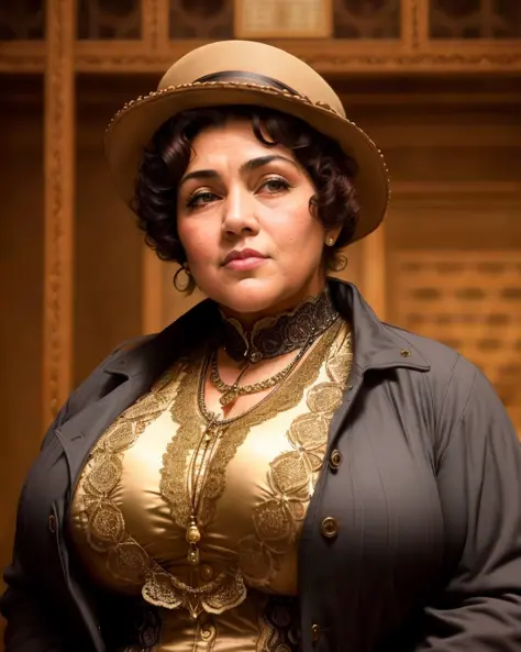 analog style, expertly illuminated, Mennatullah Jamilah, (big fat muscle:1.0), (big breast:1.0), ((((big beautiful woman)))), 80 years old, ((1900s)), wearing a coat steampunk, (((very short hair))), cinematography, crafted, elegant, meticulous, magnificen...