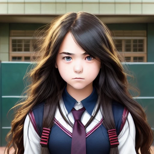 Une lycéenne devant la porte de l’école, visage très détaillé, par Marvel Studios, brume, soleil, été, cheveux longs noirs