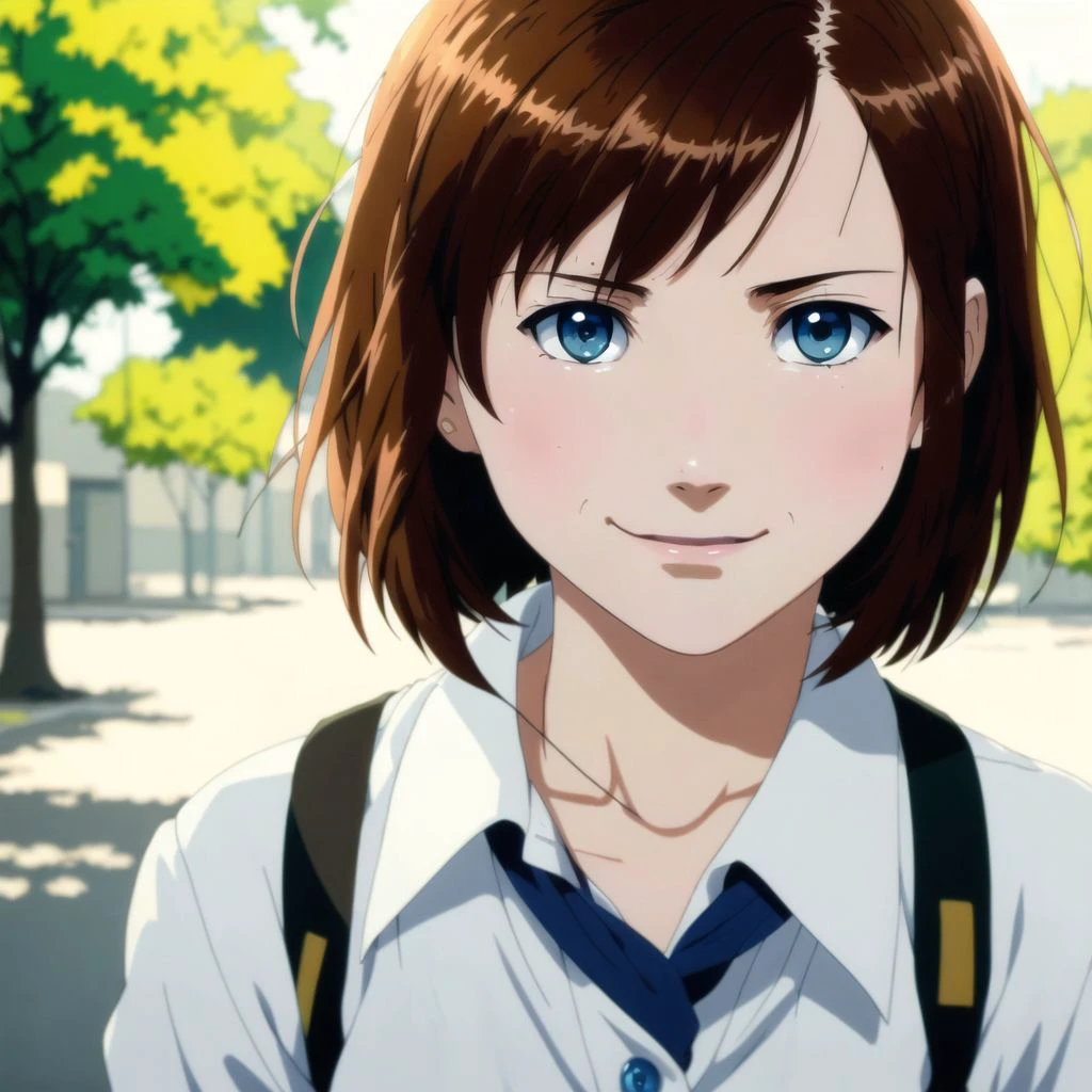 4k, (masterpiece), highest quality,  2d, ((nsfw)), (teen anime school gir), (unbuttoned shirt), (small breasts), nipples, long brown hair, blue eyes, smile, full height, clear eyes, black eyelashes, (intricate detailed), dramatic, makoto shinkai, trending on CGsociety