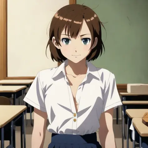 4k, (masterpiece), highest quality, (2d), ((nsfw)), (teen anime gir), (unbuttoned white shirt:1.2), (detailed nipples:1.3), (small breasts:1.3), open breast, standing in a classroom, skirt, long brown hair, happy face, clear eyes, (style by makoto shinkai)